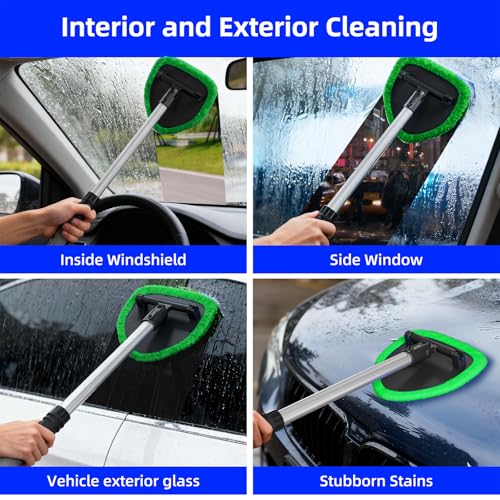 desin Windshield Cleaning Tool, Car Window Cleaner Windshield Cleaner with 4 Reusable and Washable Microfiber Pads and Extendable Handle Auto Inside Glass Wiper Kit (Green)