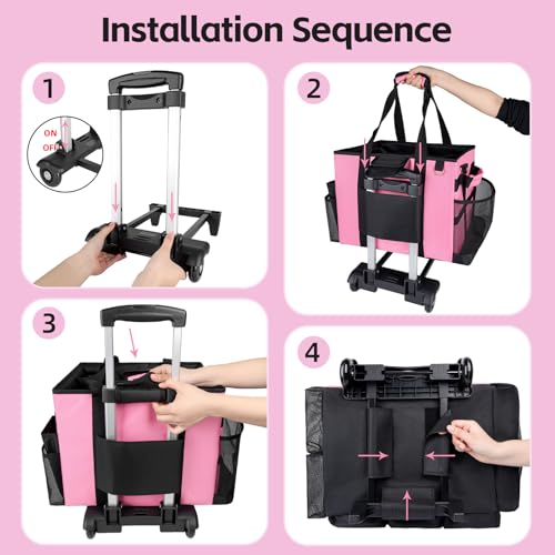 VSHXENG Large Rolling Cleaning Caddy Bag with Wheels, with Detachable Trolley, Cleaning Bags on Wheels for Housekeepers, Cleaning Cart Supplies Organizer for Home, Car, Picnic (Pink)