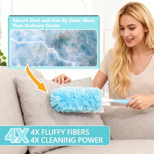 WAWINY 60 Pack Duster Refills Kit Disposable for Swiffer Duster Handle,360° Deep Cleaner Heavy Duty Replacement with 1 Handle,for Home, Blinds, Car, Pet, Furniture, Fans(Blue)