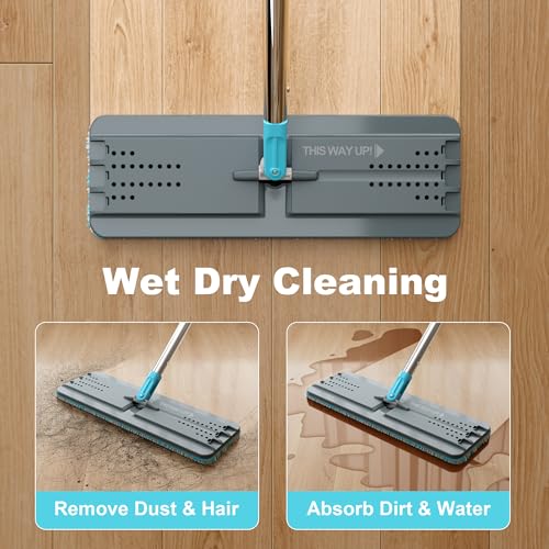 JOYMOOP Mop and Bucket Set, Mops for Floor Cleaning, Wall Mop Cleaner with Long Handle, with 4 Reusable Microfiber Mop Pads - Grey+Cyan Blue