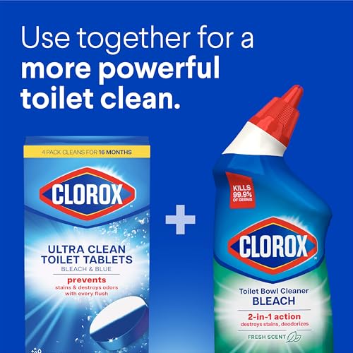 Clorox Ultra Clean Toilet Tablets Bleach & Blue, Rain Clean Scent, Toilet Cleaner Kills 99.9 Percent of Bacteria with the Power of Clorox Bleach, 2.47 oz., 4 Count