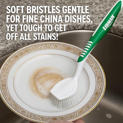 LIBMAN Dish Brush - Soft Bristle Cleaning Brush with Handle - 2 Pk Dish Scrub Brushes with Scraper for Dishwashing Dishes, Pots, Pans, Glassware - Non-Slip Comfort Grip Handle
