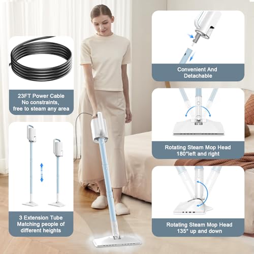 Steam Cleaner, 6 in1 Rotated Steam Mop Cleaner with 2 Modes, 23FT Power Cable, Detachable Steam Mops for Floor, Laminate Floor, Tiles Cleaning (Azure)