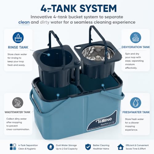 Spin Mop for Large Homes & Big Floor Cleaning, Clean & Dirty Water Separation Mop Bucket for Family & Pet Homes,4-Chamber System, Glide Wheels, Safe for Hardwood & Tile, Adjustable Handle, 6 Mop Heads