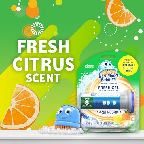 Scrubbing Bubbles Fresh Gel Toilet Bowl Cleaning Stamps, Helps Keep Toilet Clean and Helps Prevent Limescale & Rings, Citrus Scent, 1 Dispenser with 6 Fresh Gel Stamps