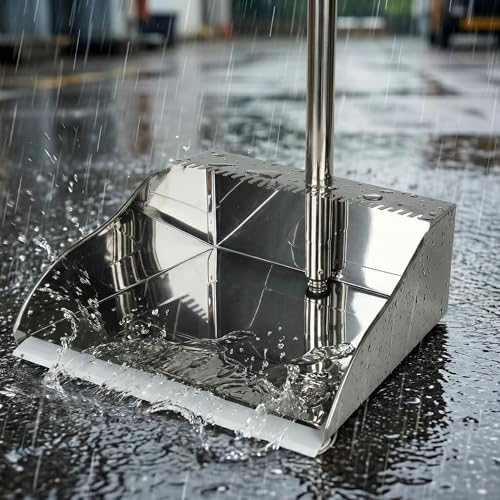 Metal Dustpan Long Handle Stainless Steel Dustpan,Heavy Duty Standing Dust Pan with Teeth, Indoor Outdoor Up for Home Kitchen Lobby Room Office
