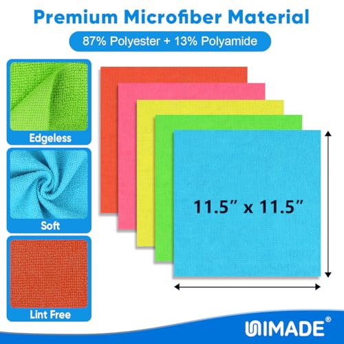 UNIMADE Microfiber Cleaning Cloth, 10 Pack Reusable Microfiber Towels for Cars Lint Free Cleaning Shop Towel Rags for Home Kitchen Automotive Bar Mechanic Restaurant Garage, 11.5"x 11.5", Multicolor