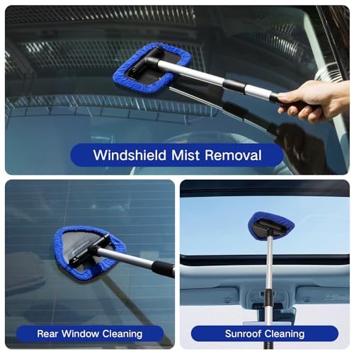 Qydipclin 11pcs Windshield Cleaner Tool, Car Window Cleaning Wash Kit with 6 Reusable Microfiber Pads 2 Spray Bottles and Extendable Handles Auto Glass Wiper Kit, Blue