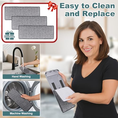 Flat Mop with 3 Pads, Microfiber Mops for Floor Cleaning Adjustable Handle 29-49, Dust Mop for Hardwood Floors, Wet Dry Use on Laminate Wood Tile Vinyl Wall Mopping Bathroom Kitchen Household Supplies