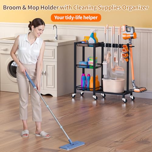 Broom Holder with Cleaning Supplies Organizer Load 350 LBS Cleaning Cart with Wheels Broom Closet Storage with 3-Tier Shelves, 6 Mop Hanger Grippers, 3 Double-Hooks, Vacuum Stand for Laundry Garage