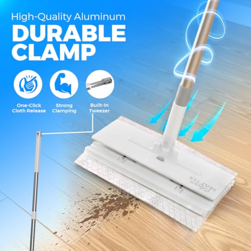 CleanMattix - FlexiClamp Sweep & Mop Kit - Compatible with Swiffer Pads, Durable Cleaning Tool for Hardwood, Tile, Marble & Laminate Floors, Home, Kitchen Cleaning Essentials. (Include 10 Dry Cloths)
