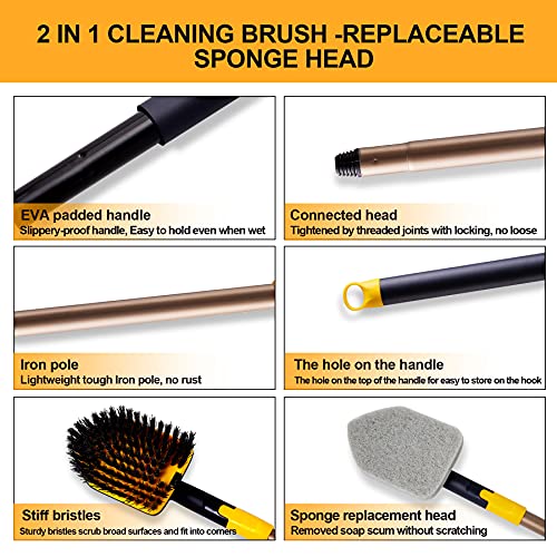 Yocada Tub Tile Scrubber Brush 2 in 1 Cleaning Brush 4*Scouring Pads 58.2 Inch Adjustable Telescopic Pole Stiff Bristles for Cleaning Bathroom Kitchen Toilet Wall Tub Tile Sink Non Scratch