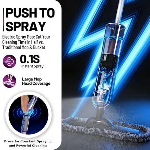Electric Spray Mop Floor Cleaner with 2 Mopping Pads 720ml Bottle & Scraper 360° Swivel Head Lightweight Cordless Wet Dry Cleaner for Hardwood Floor Cleaning Laminate Tile Wood Vinyl & All Hard Floors