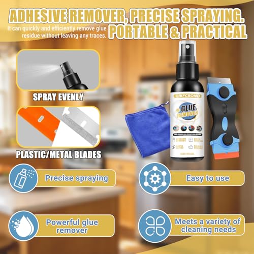 LIKFCBOND Adhesive Remover Spray 100ml, 3.38floz Sticker Remover Spray Set with Scraper and Towel, for Cars, Windows, Glass, Plastic, Labels, Decals, Tape Residue