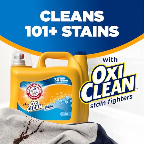 ARM & HAMMER Plus OxiClean Ultra Stain Fighters Liquid Laundry Detergent, Stain Remover for Clothes, Fresh Scent, 122 Loads, 158.6 Fl Oz