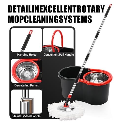 Spin Mop and Bucket with Wringer Set,360° Mop and Bucket System with 3 Microfiber Mop Refills and 50" Extended Handle for Floor Cleaning (Black)