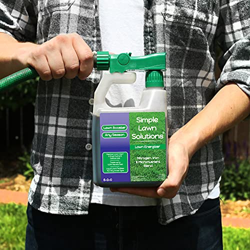 Commercial Grade Lawn Fertilizer with Iron- Liquid Fertilizer Spray- Nitrogen and Iron for Deeper Green Turf- Any Grass Type - Simple Lawn Solutions - Lawn Energizer - 32 Ounce