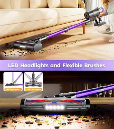 RENDOW Cordless Vacuum Cleaner, 500W 50KPA 60Mins Vacuum Cleaners for Home, Self-Standing Stick Vacuums with LED Display, Lightweight Anti-Tangle Wireless Vacuum for Pet Hair Hard Floors Carpet