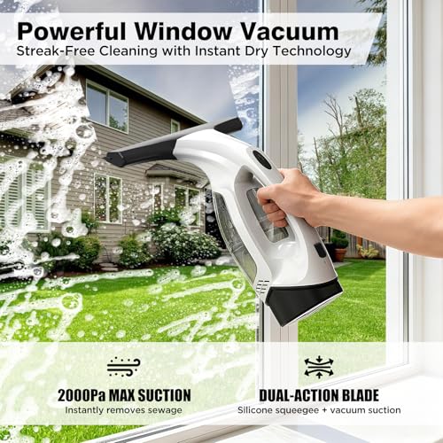 ZRHI Window Vacuum Squeegee Cordless, 2000Pa Electric Window Cleaner Tool with 2200mAh & 150ml Water Collection Tank, Cleaning Kit Shower Squeegee for Glass Doors, Tiles, Mirrors, Car (Beige)
