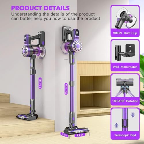Cordless Vacuum Cleaner, 6 in 1 Lightweight Stick Vacuum with Rechargeable Battery, Handheld Conversion, LED Headlights & 180° Swivel Brush, for Hardwood Floor Carpet Pet Hair Stairs Car(Light Purple)