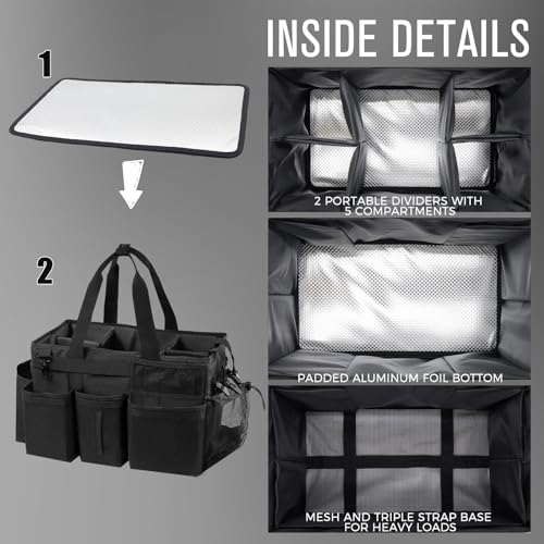 SCAVATA Wearable Cleaning Caddy Organizer with Handle & Shoulder Straps for Housekeepers, Under Sink & Car Cleaning Tool Organizer Bag with 4 Foldable Dividers (Black)