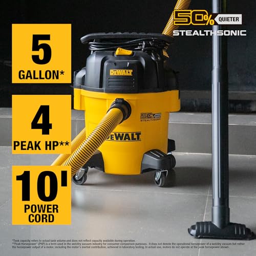 DEWALT Shop Vacuum 5-Gallon 4 HP STEALTHSONIC Wet/Dry Vacuum Cleaner DXV05P-QTB with 6 Dust Bags Ultra Quiet Poly Shop Vacuum with Powerful Suction for Garage, Jobsite, and Workshop