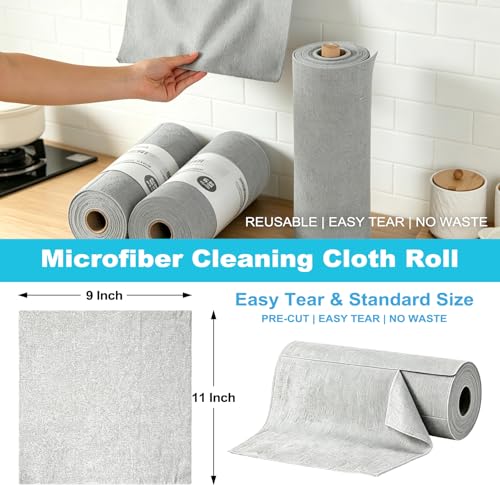 Puomue 55 Pack Microfiber Cleaning Cloth Roll, Tear Away Reusable Paper Towels, 11" X 9", Ultra Absorbent & Lint Free Microfiber Cloth for Cleaning Cars, Kitchen, Window, Home and Shop, Grey