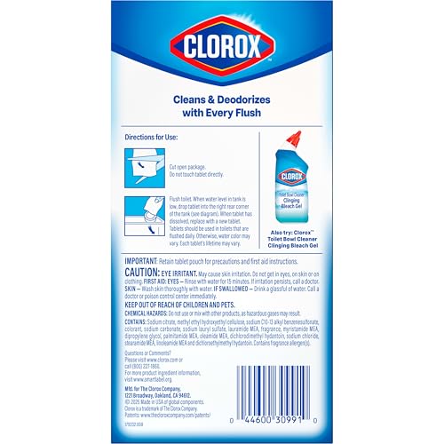 Clorox Ultra Clean Toilet Tablets Bleach & Blue, Rain Clean Scent, Toilet Cleaner Kills 99.9 Percent of Bacteria with the Power of Clorox Bleach, 2.47 oz., 4 Count
