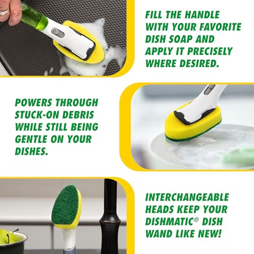 Libman Dishmatic I-Stand Dish Wand Kit, Kitchen Cleaning Scrub Brush with Handle and Soap Dispenser for Scrubbing and Washing Dishes, Refillable Standing Dispensing Scrubber Brushes, 3 Sponge Refills