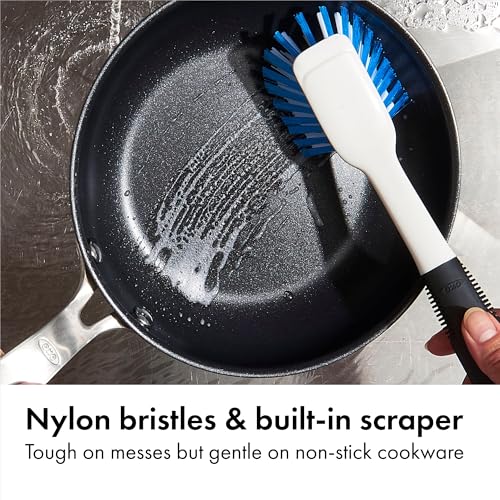 OXO Good Grips Dish Brush, Nylon Bristles with Built-in Scraper, Safe for Non-Stick Cookware, Non-Slip Handle, Dishwasher Safe