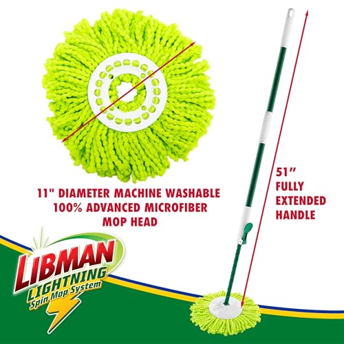 Libman Lightning Spin Mop System Plus 3 Refill Head | Mop and Bucket with Wringer Set | Floor Mop | Spin Mop | Libman Mop | Mops for Floor Cleaning | Hardwood Floor Mop | 4 Total Mop Heads Included