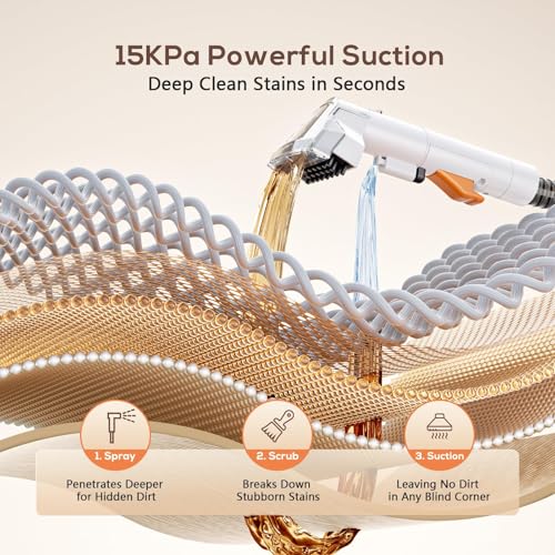Portable Carpet & Upholstery Cleaner Machine, 15Kpa Strong Suction & Handheld Spot Cleaner Machine for Couch, Sofa, Car, Pet Stains, Furniture Cleaner with Cleaner Solution and Self-Cleaning System