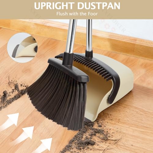 XXFLOWER Broom and Dustpan Set with Long Handle, Heavy Dust Broom and Dustpan Combo for Home，Kitchen, Office, Pet Hair(Beige)