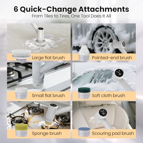 BOTLIFE Electric Spin Scrubber – 5-Hour Battery, 6 Brush Heads, No Bending with 47" Extendable Handle, Cordless Power Scrubber for Bathroom Shower Bathtub Tile Kitchen Floor