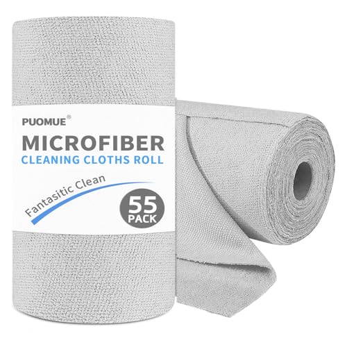 Puomue 55 Pack Microfiber Cleaning Cloth Roll, Tear Away Reusable Paper Towels, 11" X 9", Ultra Absorbent & Lint Free Microfiber Cloth for Cleaning Cars, Kitchen, Window, Home and Shop, Grey