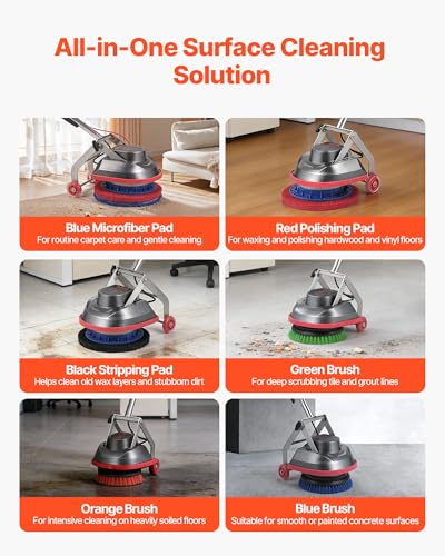 VEVOR Commercial Floor Scrubber Machine, Heavy Duty Floor Cleaner Polisher with 2 Wheels, Professional Electric Carpet Buffer, Max 1900 RPM, 43 FT Cord, 3 Pads & 3 Brushes - All Floor Surfaces