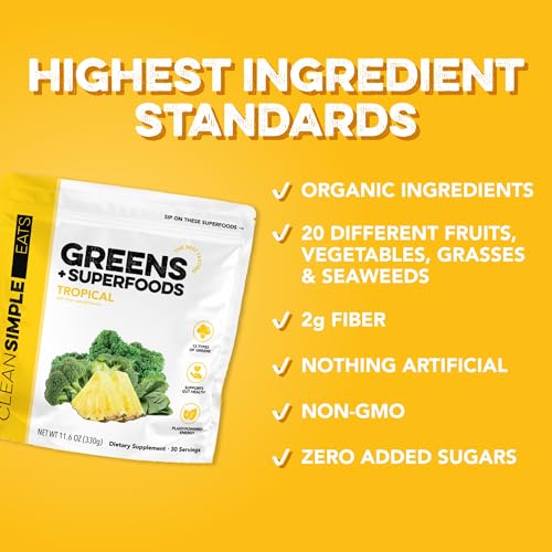 Clean Simple Eats Super Greens Powder, Naturally Flavored Greens Powder with Chlorella, Spirulina, Superfoods & Prebiotic Fiber, No Artificial Ingredients, Gluten Free, Tropical Greens Flavor, 30 Srvg