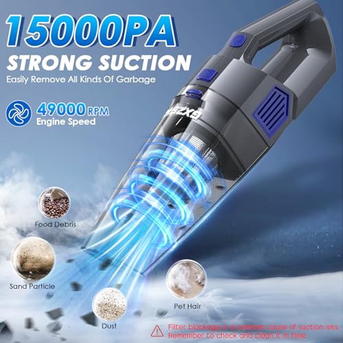 Gxzsk Handheld Vacuum Cordless, 15000PA Strong Suction Hand Held Car Vacuum Cleaner Rechargeable, Portable Hand Vacuum with Multi-Nozzles & Washable Filter for Home Office, Car, Pets