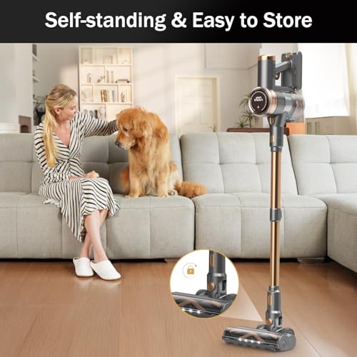 NuYupo Cordless Vacuum Cleaner, 10-in-1 Lightweight Stick Vacuum with 45mins Runtime, Powerful Suction, LED Touch Screen, Rechargeable Vacuum Cleaners for Home Hardwood Floor Carpet Pet Hair (Gold)