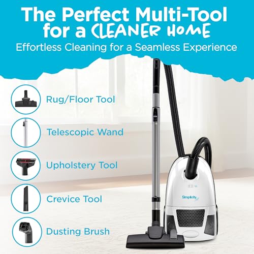 Simplicity Vacuums Jill Lightweight Bagged Canister Vacuum Cleaner – Bagged Vacuum Cleaner with Certified HEPA Filter, Adjustable Suction, Suitable for Floor and Rug Cleaning