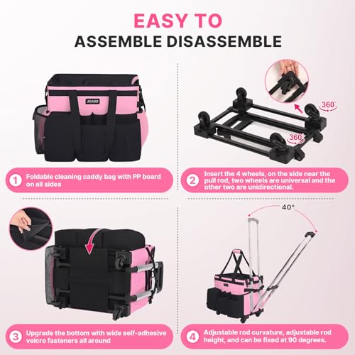JKAOO Large Rolling Cleaning Caddy Bag with Detachable Trolley, Waterproof Cleaning Caddy on Wheels for Housekeepers, Cleaning Cart Supplies Organizer for Home,Car,Office,Picnic (Pink) (Patented)