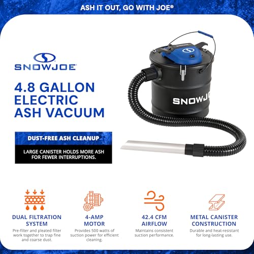 Snow Joe Bagless Canister Vacuum Cleaner, Metal Canister w/ Hose & Filter, 4.8 Gallon, 4-Amp Motor - Ash Vacuum Cleaner for Home, Garage, and Outdoor Spaces, ASHJ201