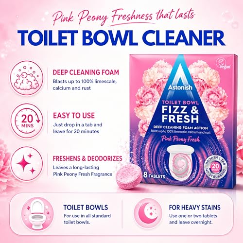 Astonish Toilet Bowl Cleaner Tablets, 8 Count – Fizzing Drop In Tabs Remove Limescale, Calcium & Rust – No Scrub Foaming Action, Vegan & Cruelty Free, Fresh Peony Scent