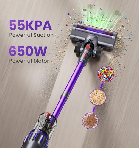 Cordless Vacuum Cleaner,Upgraded 650W 55KPA 90Mins Cordless Stick Vacuum with Smart Display,1.8L Cup,V-Shaped Anti-Tangle Brush,Wall Mount Charging,Self-Standing Vacuum Cleaners for Home,Floor,Carpet