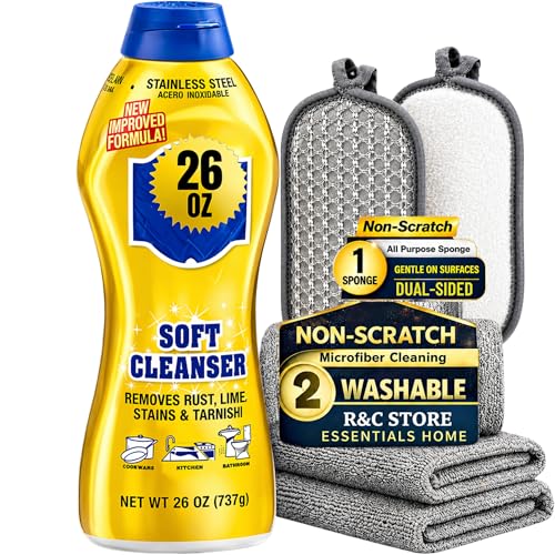 R&C Store Essentials Home Cleaning Bundle Kit, includes Multi-Purpose Soft Cleanser 26 oz + 2 Microfiber Cloths and 1 Non-Scratch Scrub Sponge, Kitchen & Bathroom Cleaning Set