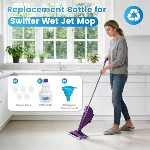 1 Pack Refillable Bottle for Swiffer Wet Jet Mop - 500ML Leak-Proof HDPE Empty Cleaner Solution Bottle with 5 Silicone Gaskets & 1 Funnel Wood Care & Pet Safe, Eco-Friendly