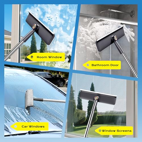 Window Squeegee for Home, Window Cleaner Tool with Extension Pole, Squeegee for Window Cleaning with 3 Microfiber Cloths and Screen Brush, Window Cleaning Kit for Car Windshield, Shower Glass Doors