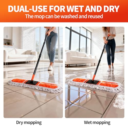 36" Large Commercial Dust Mops for Industrial Floor ，Marble, Laminate,Tile,Concrete,Garage. Janitor Broom Wide Dry mop for Hardwood ,Heavy Duty Long Handle Hotel Gym Household Cleaning Supplies