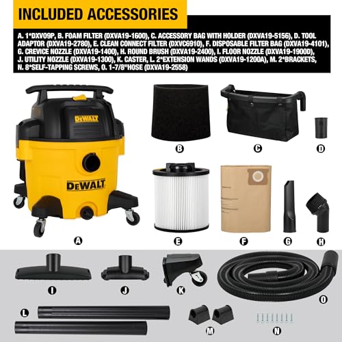 DEWALT Wet and Dry Vacuum 9 Gallon Poly Wet/Dry Vac Yellow Shop Vacuum 5 HP Strong Suction for Jobsite, Workshop 3 in 1 Multi Functions Model: DXV09P