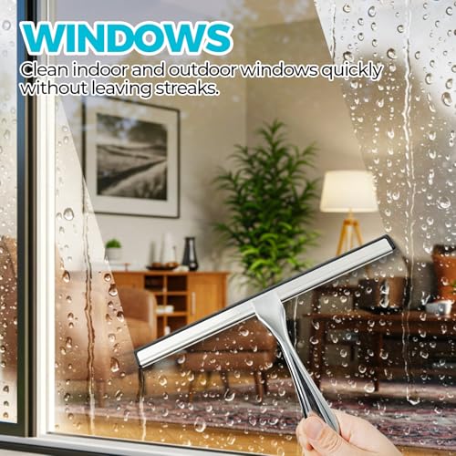ALFLOD 2PACK Shower Squeegee for Glass Doors, Squeegee for Shower Glass，All-Purpose Tile Walls, Bathroom, Window, Glass and Car Windshield, Mirrors and Kitchen-Stainless Steel, 10 Inches, Silver